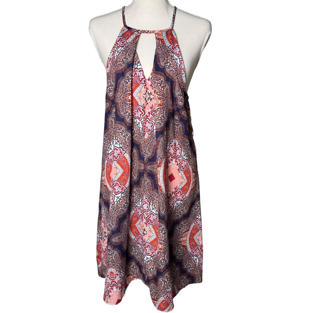 Behop Paisley Boho Women Dress Size Large Halter Neck Navy Pink